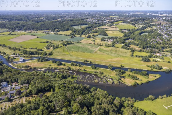 Aerial view, river Ruhr, lock canal, waterworks Stiepel, lock house, Stiepel, Bochum, Ruhr area, North Rhine-Westphalia, Germany, Blankenstein village, DE, Ennepe-Ruhr district, Europe, island, towpath, aerial view, aerial photography, aerial photography, overview, bird's-eye view, meadows and fields, birds-eyes view, overview