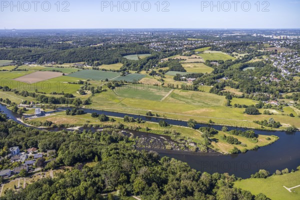 Aerial view, river Ruhr, lock canal, waterworks Stiepel, lock house, Stiepel, Bochum, Ruhr area, North Rhine-Westphalia, Germany, Blankenstein village, DE, Ennepe-Ruhr district, Europe, island, towpath, aerial view, aerial photography, aerial photography, overview, bird's eye view, meadows and fields, meadows and fieldsbirds-eyes view, birds-eyes view, overview