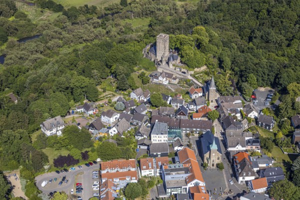 Aerial view, Blankenstein Castle, Protestant Church of the Protestant Parish Welper-Blankenstein, Catholic Church St. Johannes Baptist, Stadtmusem Haiitungen, Blankenstein, Hattingen, Ruhr area, North Rhine-Westphalia, Germany, place of worship, castle, DE, monument protection, Ennepe-Ruhr district, Europe, religious community, place of worship, hilltop castle, church, parish, denomination, culture, art, aerial view, aerial photography, aerial photography, museum, religion, ruin, sight, overview, bird's-eye view, forest area, birds-eyes view, historical, overview