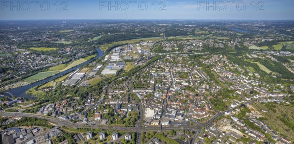 Aerial view, river Ruhr, city centre, old town, district Welper, industrial park and landscape park Henrichshütte, Hattingen, Ruhr area, North Rhine-Westphalia, Germany, local court, place of worship, DE, shopping, shopping centre, shopping markets, shopping place, shopping centre, Ennepe-Ruhr district, Europe, Protestant church St.-Georgs, distant view, religious community, place of worship, church, parish, denomination, aerial view, aerial photography, aerial photography, local supply centre, Reschop Carré, overview, bird's eye view, birds-eyes view, catholic church St. Peter and Paul, overview