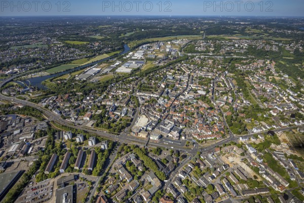Aerial view, river Ruhr, city centre, old town, district Welper, industrial park and landscape park Henrichshütte, Hattingen, Ruhr area, North Rhine-Westphalia, Germany, local court, place of worship, DE, shopping, shopping centre, shopping markets, shopping place, shopping centre, Ennepe-Ruhr district, Europe, Protestant church St.-Georgs, distant view, religious community, place of worship, church, parish, denomination, aerial view, aerial photography, aerial photography, local supply centre, Reschop Carré, overview, bird's eye view, birds-eyes view, catholic church St. Peter and Paul, overview