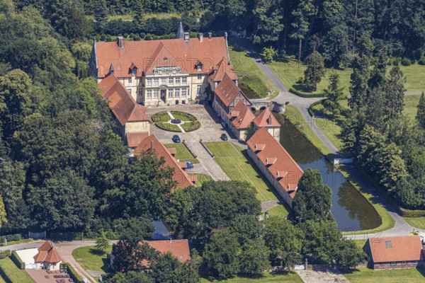 Aerial view, Havixbeck Castle, moated castle, Havixbeck, Münsterland, North Rhine-Westphalia, Germany, castle, castle complex, DE, monument protection, Europe, moat, Havixbeck House, manor house, manor building, courtyard complex, aerial photograph, aerial photography, aerial photography, museum, castle, castle garden, overview, defence system, bird's eye view, moated castle, moat, birds-eyes view, overview