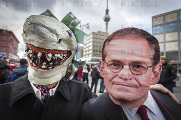 DEU Germany Germany Berlin Demonstration against rent increases and gentrification. rent shark and the governing mayor Michael Müller as protest masks