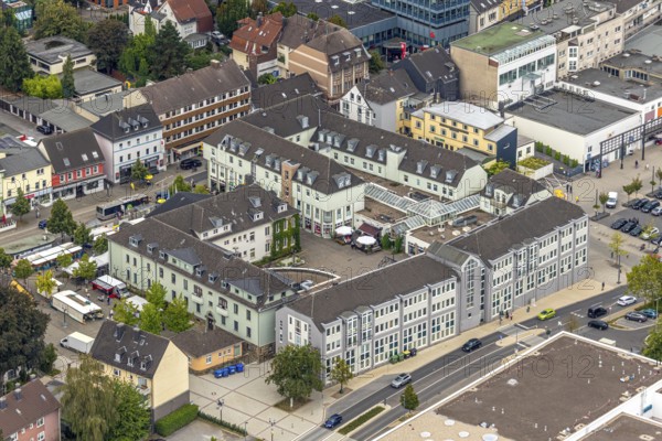 Aerial view, town hall Heiligenhaus, Heiligenhaus, Ruhr area, North Rhine-Westphalia, Germany, authority, citizens' office, DE, shopping square, Europe, main street, aerial view, aerial photography, aerial photography, market place, market stalls, local supply centre, town hall, city administration, overview, administrative area, bird's eye view, birds-eyes view, overview