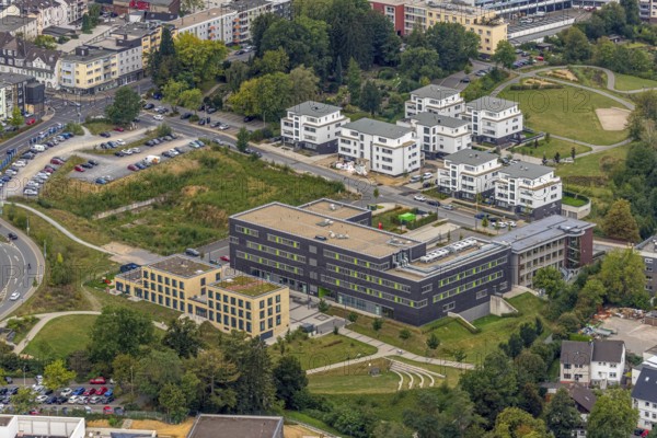 Aerial view, Campus Velbert Heiligenhaus of Bochum University of Applied Sciences, residential area Am Thormählenpark, Heiligenhaus, Ruhr area, North Rhine-Westphalia, Germany, education, educational institution, CVH, campus, Campusallee, DE, Europe, specialised library, property tax, university, real estate, Kettwiger Straße, teaching institute, aerial photograph, aerial photography, aerial photography, school, public library, overview, bird's eye view, residential complex, living and living, residential area, residential buildings, residential quality, residential quarter, housing estate, bird's eye view, overview