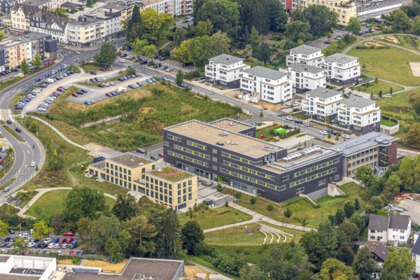 Aerial view, Campus Velbert Heiligenhaus of Bochum University of Applied Sciences, residential area Am Thormählenpark, Heiligenhaus, Ruhr area, North Rhine-Westphalia, Germany, education, educational institution, CVH, campus, Campusallee, DE, Europe, specialised library, property tax, university, real estate, Kettwiger Straße, teaching institute, aerial photograph, aerial photography, aerial photography, school, public library, overview, bird's eye view, residential complex, living and living, residential area, residential buildings, residential quality, residential quarter, housing estate, bird's eye view, overview