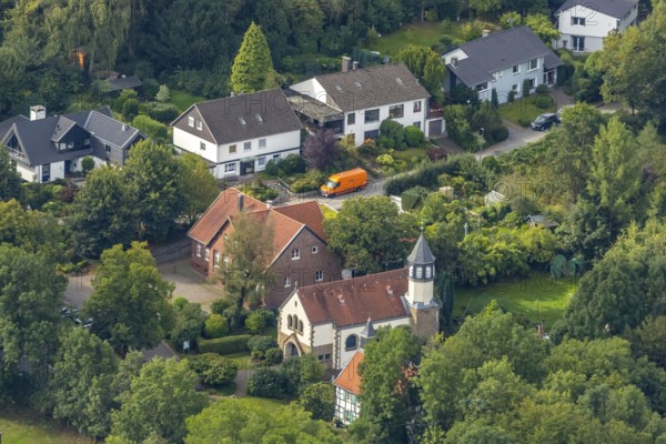 Aerial view, Chapel St. Jakobus Abtsküche, Museum Abtsküche, Heiligenhaus, Ruhr area, North Rhine-Westphalia, Germany, place of worship, DE, Europe, religious community, place of worship, green trees, local history collection of the Heiligenhaus Historical Society, chapel, church, parish, denomination, aerial photograph, aerial photography, aerial photography, museum, religion, overview, bird's-eye view, wooded area, bird's-eye view, overview, Hofcafe Abtsküche