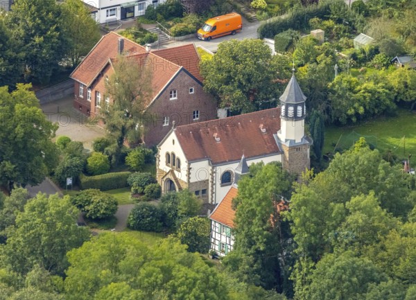 Aerial view, Chapel St. Jakobus Abtsküche, Museum Abtsküche, Heiligenhaus, Ruhr area, North Rhine-Westphalia, Germany, place of worship, DE, Europe, religious community, place of worship, green trees, local history collection of the Heiligenhaus Historical Society, chapel, church, parish, denomination, aerial photograph, aerial photography, aerial photography, museum, religion, overview, bird's-eye view, wooded area, bird's-eye view, overview, Hofcafe Abtsküche