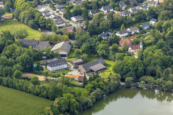 Aerial view, Chapel St. Jakobus Abtsküche, Museum Abtsküche, Heiligenhaus, Ruhr area, North Rhine-Westphalia, Germany, Abtskücher Teich, place of worship, DE, Europe, religious community, place of worship, green trees, local history collection of the Heiligenhaus Historical Society, chapel, church, parish, denomination, aerial view, aerial photography, aerial photography, museum, religion, overview, bird's-eye view, forest area, birds-eyes view, overview, Hofcafe Abtsküche