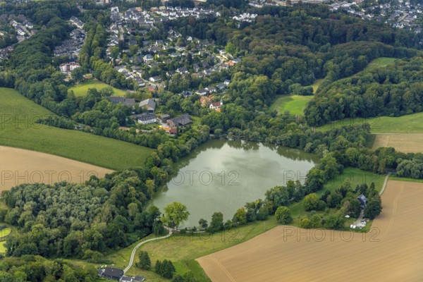 Aerial view, Abtskücher Teich, Chapel St. Jakobus Abtsküche, Museum Abtsküche, local view Hetterscheidt, Heiligenhaus, Ruhr area, North Rhine-Westphalia, Germany, place of worship, DE, Europe, religious community, place of worship, green trees, local history collection of Heiligenhaus, chapel, church, parish, denomination, aerial view, aerial photography, aerial photography, museum, religion, overview, bird's-eye view, forest area, birds-eyes view, overview, Hofcafe Abtsküche