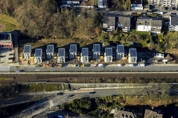 Aerial view, new development area residential estate Walter-Freitag-Straße, at Herdecke railway station, Herdecke, Ruhr area, North Rhine-Westphalia, Germany, DE, Europe, property tax, HGWG, real estate, aerial view, aerial photography, aerial photography, overview, bird's-eye view, residential estate, residential area, residential buildings, residential project Alter Steinbruch, residential quality, residential neighbourhood, housing estate, birds-eyes view, overview