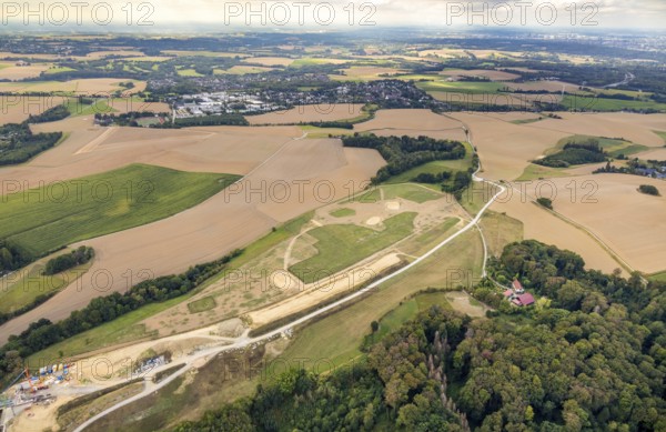 Aerial view, construction site new motorway A44, Heiligenhaus, Ruhr area, North Rhine-Westphalia, Germany, expansion, motorway A44, construction work, construction, construction area, construction site, construction site, construction project, construction site, DE, Europe, aerial view, aerial photography, aerial photography, gap closure of the A44, new construction, road construction, overview, bird's-eye view, meadows and fields, birds-eyes view, overview
