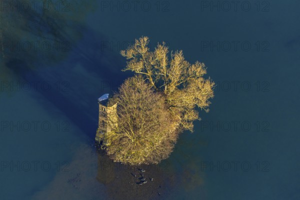 Aerial view, mouse tower on an island in the Hengsteysee, Hengstey, Herdecke, Ruhr area, North Rhine-Westphalia, Germany, DE, Europe, island, aerial view, aerial photography, aerial photography, sight, tower, overview, bird's-eye view, formerly part of a bridge, historical, overview
