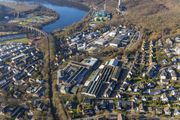 Aerial view, Ruhr river, Ruhr viaduct, commercial area, Dörkengroup, Herdecke, Ruhr area, North Rhine-Westphalia, Germany, Cuno power station, DE, Europe, commercial use, industrial area, industrial site, aerial photograph, aerial photography, aerial photography, overview, bird's eye view, weather road, birds-eyes view, overview