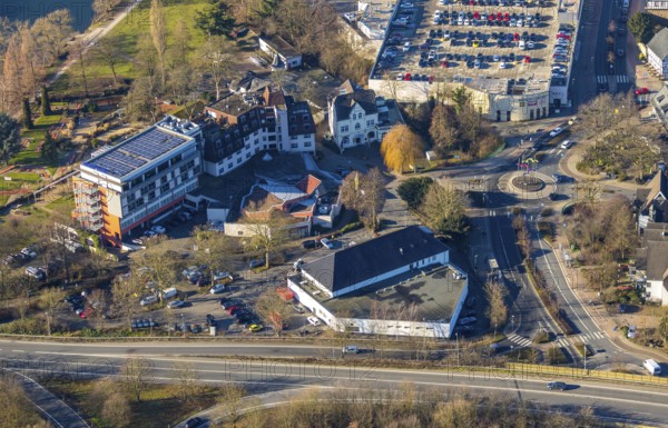 Aerial view, Ringhotel Zweibrücker Hof, Kaufpark, Herdecke, Ruhr area, North Rhine-Westphalia, Germany, beer garden, DE, food and drink, Europe, inn, gastronomy, Hagener Straße, roundabout, aerial view, aerial photography, aerial photography, parking deck, parking spaces, photovoltaics, restaurant, solar system, solar energy, solar energy, overview, bird's eye view, birds-eyes view, overview