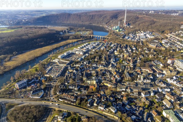 Aerial view, Ruhr river, Ruhr-Aue district, local view Herdecke, Ruhr viaduct, Herdecke, Ruhr area, North Rhine-Westphalia, Germany, Cuno power station, DE, shopping square, shopping centre, Europe, property tax, real estate, aerial view, aerial photography, aerial photography, local supply centre, overview, bird's eye view, living and working, living and life, residential area, residential buildings, residential quality, residential district, bird's eye view, overview
