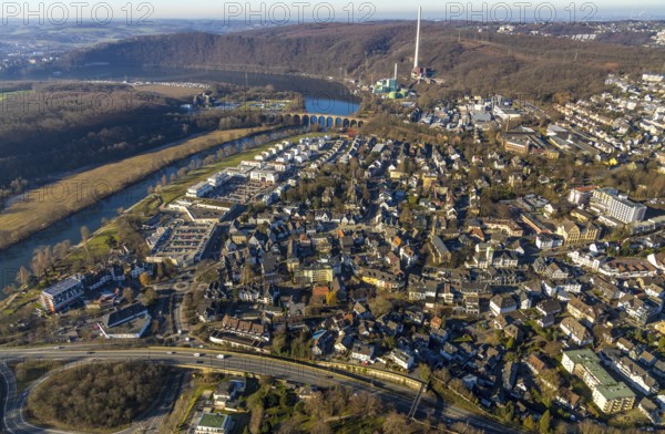 Aerial view, Ruhr river, Ruhr-Aue district, local view Herdecke, Ruhr viaduct, Herdecke, Ruhr area, North Rhine-Westphalia, Germany, Cuno power station, DE, shopping square, shopping centre, Europe, property tax, real estate, aerial view, aerial photography, aerial photography, local supply centre, overview, bird's eye view, living and working, living and life, residential area, residential buildings, residential quality, residential district, bird's eye view, overview