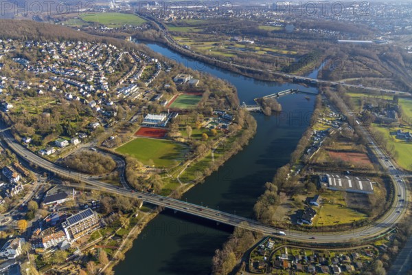 Aerial view, town view, river Ruhr, Ruhr bridge Herdecke, dam Stiftsmühle, Herdecke, Ruhr area, North Rhine-Westphalia, Germany, bathing establishment, federal road B54, DE, Europe, distant view, outdoor swimming pool, outdoor swimming pool Herdecke, Friedrich-Harkort-Schule, football pitch, real estate, aerial view, aerial photography, aerial photography, Ruhr weir, sports, Bleichstein sports and leisure centre, sports facilities, sports field, sports facility, townscape, weir, overview, bird's-eye view, weir, living and life, residential area, residential buildings, birds-eyes view, former Stiftsmühlen weir, overview