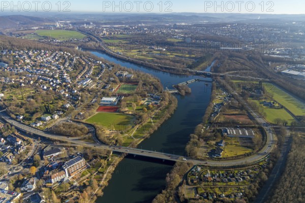 Aerial view, town view, river Ruhr, Ruhr bridge Herdecke, dam Stiftsmühle, Herdecke, Ruhr area, North Rhine-Westphalia, Germany, bathing establishment, federal road B54, DE, Europe, distant view, outdoor swimming pool, outdoor swimming pool Herdecke, Friedrich-Harkort-Schule, football pitch, real estate, aerial view, aerial photography, aerial photography, Ruhr weir, sports, Bleichstein sports and leisure centre, sports facilities, sports field, sports facility, townscape, weir, overview, bird's-eye view, weir, living and life, residential area, residential buildings, birds-eyes view, former Stiftsmühlen weir, overview