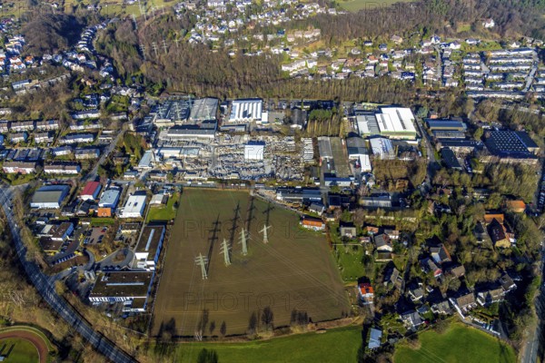 Aerial view, Basamentwerke Böcke GmbH, Ende, Herdecke, Ruhr area, North Rhine-Westphalia, Germany, DE, Europe, commercial area, commercial area, commercial use, high-voltage power line, industrial site, Loerfeldstraße, aerial view, aerial photography, aerial photography, aerial poles, overview, bird's-eye view, overview