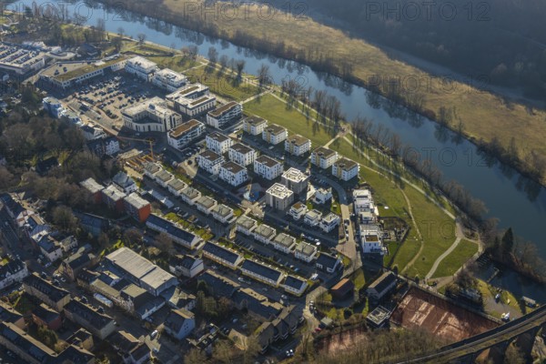 Aerial view, Ruhr-Aue district, Ruhr promenade, Ruhr river, Herdecke, Ruhr area, North Rhine-Westphalia, Germany, DE, shopping square, shopping centre, Europe, commercial buildings, property tax, real estate, aerial view, aerial photography, aerial photography, local supply centre, overview, bird's-eye view, living and working, living and life, residential area, residential buildings, residential quality, residential district, birds-eyes view, overview