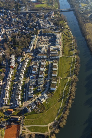 Aerial view, Ruhr-Aue district, Ruhr promenade, Ruhr river, Herdecke, Ruhr area, North Rhine-Westphalia, Germany, DE, shopping square, shopping centre, Europe, commercial buildings, property tax, real estate, aerial view, aerial photography, aerial photography, local supply centre, overview, bird's-eye view, living and working, living and life, residential area, residential buildings, residential quality, residential district, birds-eyes view, overview