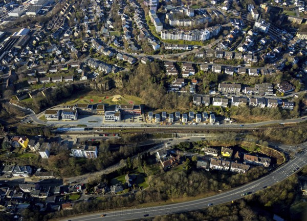 Aerial view, new development area residential estate Walter-Freitag-Straße, at Herdecke railway station, Herdecke, Ruhr area, North Rhine-Westphalia, Germany, DE, Europe, property tax, HGWG, real estate, aerial view, aerial photography, aerial photography, overview, bird's-eye view, residential estate, residential area, residential buildings, residential project Alter Steinbruch, residential quality, residential neighbourhood, housing estate, birds-eyes view, overview