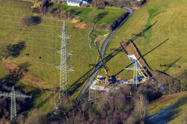 Aerial view, construction site In der Erdbrügge, new high-voltage pylons, In der Erdbrügge, Herdecke, Ruhr area, North Rhine-Westphalia, Germany, construction work, construction vehicles, construction area, construction site, construction crane, construction project, construction site, DE, development, Europe, aerial view, aerial photography, aerial photography, overview, bird's-eye view, overview, high-voltage line, high-voltage pylons, north-south line, energy transition