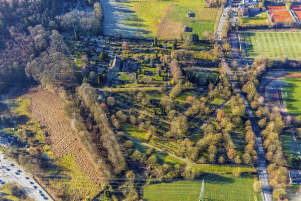 Aerial view, cemetery Herdecke, end, Herdecke, Ruhr area, North Rhine-Westphalia, Germany, burial site, DE, Europe, cemetery, memorial, Gottesacker, graves, burial ground, Kirchender Dorfweg, aerial photograph, aerial photography, aerial photography, resting place, overview, bird's-eye view, birds-eyes view, overview