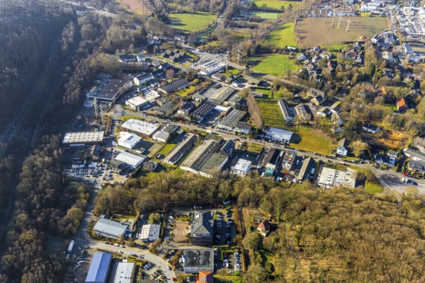 Aerial view, industrial estate Gahlenfeld, end, Herdecke, Ruhr area, North Rhine-Westphalia, Germany, DE, Europe, Gahlenfeld, Gahlenfeldstraße, commercial area, industrial estate, industrial park, industrial site, aerial photograph, aerial photography, aerial photography, overview, bird's-eye view, birds-eyes view, overview
