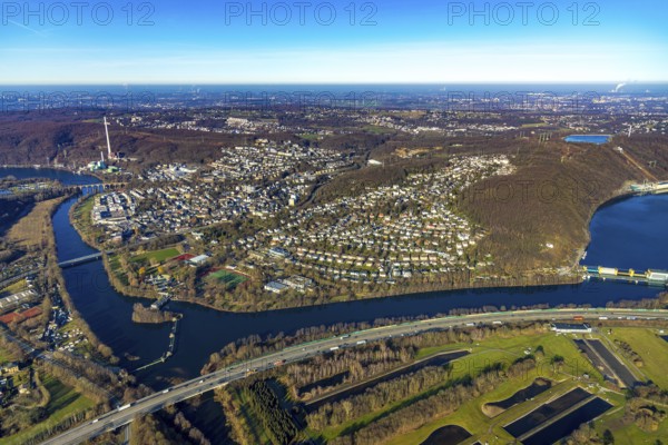 Aerial view, town view, Ruhr river, Ruhr viaduct, Stiftsmühle dam, Herdecke, Ruhr area, North Rhine-Westphalia, Germany, A1 motorway, City, DE, Europe, distant view, property tax, real estate, aerial view, aerial photography, aerial photography, townscape, urban area, weir, overview, bird's eye view, weir, living and life, residential area, residential buildings, birds-eyes view, former Stiftsmühle weir, overview
