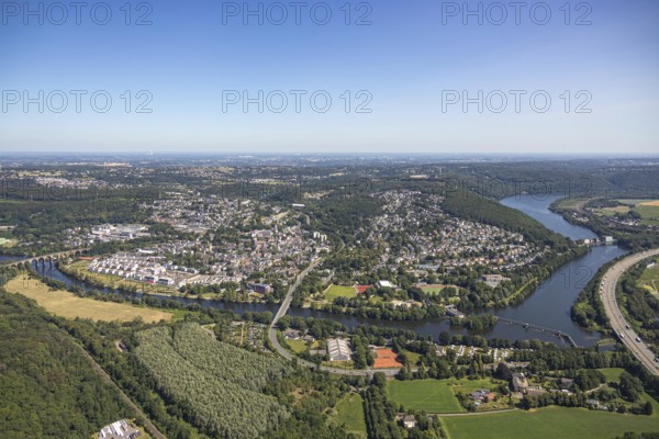 Aerial view, townscape, Quartier Ruhr-Aue Center, river Ruhr, Ruhr-Viaduct, dam Stiftsmühle, sports and leisure centre Bleichstein, Ruhr bridge Herdecke, Herdecke, Ruhr area, North Rhine-Westphalia, Germany, bridge Hagener Straße, federal road B54, City, DE, Europe, distant view, outdoor swimming pool Herdecke, football pitch, football stadium, property tax, Hengsteysee, real estate, city centre, Stiftsmühle power station, Hengstey run-of-river power station, aerial view, aerial photography, aerial photography, sports, sports facilities, sports field, sports facility, townscape, urban area, weir, overview, bird's-eye view, weir, residential area, housing and living, residential area, residential buildings, residential quality, residential quarter, housing estate, bird's-eye view, former Stiftsmühle weir, overview
