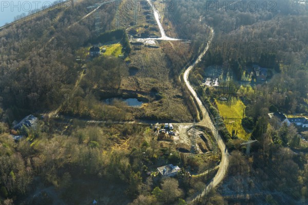 Aerial view, construction site Im Kleff, high-voltage road at the reservoir, end, Herdecke, Ruhr area, North Rhine-Westphalia, Germany, construction work, construction area, construction site, building plots, construction measure, construction project, construction site, DE, development, Europe, Im Kleff, capacity requirement, aerial photograph, aerial photography, aerial photography, overview, bird's-eye view, bird's-eye view, overview