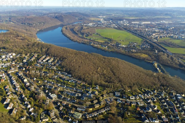 Aerial view, local view, river Ruhr, Hengsteysee, run-of-river power station Hengstey, Herdecke, Ruhr area, North Rhine-Westphalia, Germany, motorway A1, DE, Europe, property tax, real estate, aerial view, aerial photography, aerial photography, nature reserve, nature conservation area, lake, overview, Uhlenbruch nature reserve, bird's-eye view, forest area, residential area, living and life, residential area, residential buildings, quality of life, birds-eyes view, overview