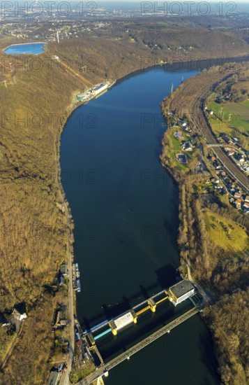 Aerial view, run-of-river power station Hengstey, river Ruhr, Hengsteysee, pumped storage power station, storage basin, Herdecke, Ruhr area, North Rhine-Westphalia, Germany, DE, Europe, Köpchenwerk, aerial view, aerial photography, aerial photography, pumped storage power station Köpchenwerk, lake, overview, bird's-eye view, forest area, birds-eyes view, overview
