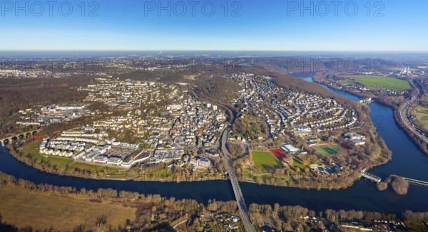 Aerial view, townscape, Ruhr river, Ruhr viaduct, Stiftsmühle dam, Herdecke, Ruhr area, North Rhine-Westphalia, Germany, federal road B54, city, DE, Europe, distant view, property tax, real estate, Hengstey run-of-river power station, aerial view, aerial photography, aerial photography, Ruhrbrtüvck, Ruhrbrücke Herdecke, townscape, city area, weir, overview, bird's eye view, weir, living and life, residential area, residential buildings, birds-eyes view, former Stiftsmühle weir, overview