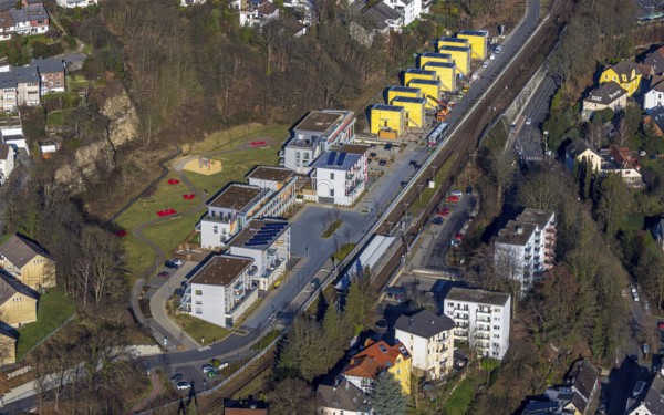 Aerial view, new development area residential estate Walter-Freitag-Straße, at Herdecke railway station, Herdecke, Ruhr area, North Rhine-Westphalia, Germany, DE, Europe, property tax, HGWG, real estate, aerial view, aerial photography, aerial photography, overview, bird's-eye view, residential estate, residential area, residential buildings, residential project Alter Steinbruch, residential quality, residential neighbourhood, housing estate, birds-eyes view, overview