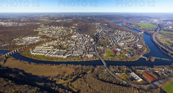 Aerial view, townscape, Ruhr river, Ruhr viaduct, Stiftsmühle dam, Herdecke, Ruhr area, North Rhine-Westphalia, Germany, City, DE, Europe, distant view, property tax, real estate, Hengstey run-of-river power station, aerial photograph, aerial photography, townscape, urban area, weir, overview, bird's eye view, weir, living and life, residential area, residential buildings, birds-eyes view, former Stiftsmühle weir, overview