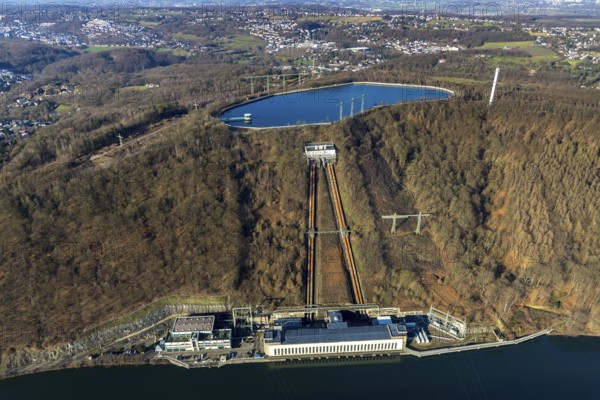 Aerial view, river Ruhr, pumped storage power station, Köpchenwerk, storage basin, Herdecke, Ruhr area, North Rhine-Westphalia, Germany, DE, Europe, Hengsteysee, aerial view, aerial photography, aerial photography, pumped storage power station Köpchenwerk, lake, overview, bird's eye view, forest area, birds-eyes view, overview