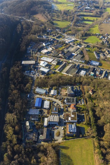 Aerial view, industrial estate Gahlenfeld, end, Herdecke, Ruhr area, North Rhine-Westphalia, Germany, DE, Europe, Gahlenfeld, Gahlenfeldstraße, commercial area, industrial estate, industrial park, industrial site, aerial photograph, aerial photography, aerial photography, overview, bird's-eye view, birds-eyes view, overview