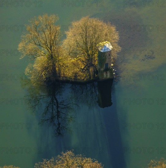 Aerial view, mouse tower on an island in the Hengsteysee, Hengstey, Herdecke, Ruhr area, North Rhine-Westphalia, Germany, DE, Europe, island, aerial view, aerial photography, aerial photography, sight, tower, overview, bird's-eye view, formerly part of a bridge, historical, overview