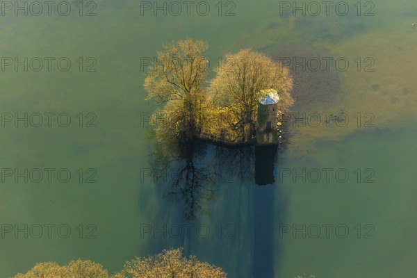 Aerial view, mouse tower on an island in the Hengsteysee, Hengstey, Herdecke, Ruhr area, North Rhine-Westphalia, Germany, DE, Europe, island, aerial view, aerial photography, aerial photography, sight, tower, overview, bird's-eye view, formerly part of a bridge, historical, overview
