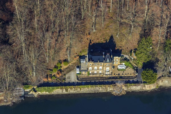 Aerial view, Café Seeschlösschen, Niedernhof, Hengsteysee, Herdecke, Ruhr area, North Rhine-Westphalia, Germany, café, DE, food and drink, Europe, inn, gastronomy, aerial view, aerial photography, aerial photography, restaurant, overview, Villa Haus Erlenbroich, bird's eye view, birds-eyes view, overview