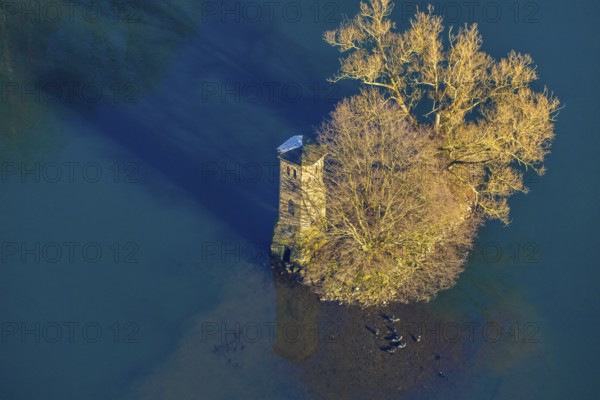 Aerial view, mouse tower on an island in the Hengsteysee, Hengstey, Herdecke, Ruhr area, North Rhine-Westphalia, Germany, DE, Europe, island, aerial view, aerial photography, aerial photography, sight, tower, overview, bird's-eye view, formerly part of a bridge, historical, overview