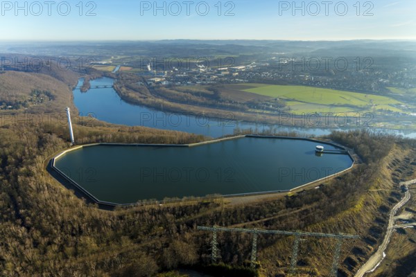 Aerial view, river Ruhr, pumped storage power station, Köpchenwerk, storage basin, Herdecke, Ruhr area, North Rhine-Westphalia, Germany, DE, Europe, Hengsteysee, aerial view, aerial photography, aerial photography, pumped storage power station Köpchenwerk, lake, overview, bird's eye view, forest area, birds-eyes view, overview