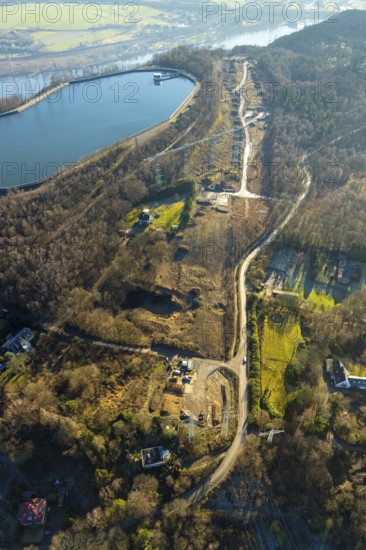 Aerial view, river Ruhr, reservoir, construction site Im Kleff, high voltage road at the reservoir, Herdecke, Ruhr area, North Rhine-Westphalia, Germany, DE, Europe, Hengsteysee, Köpchenwerk, aerial view, aerial photography, aerial photography, pumped storage power station Köpchenwerk, lake, overview, bird's eye view, forest area, birds-eyes view, overview