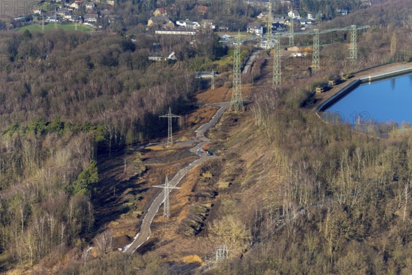 Aerial view, river Ruhr, reservoir, construction site Im Kleff, high voltage road at the reservoir, Herdecke, Ruhr area, North Rhine-Westphalia, Germany, DE, Europe, Hengsteysee, Köpchenwerk, aerial view, aerial photography, aerial photography, pumped storage power station Köpchenwerk, lake, overview, bird's eye view, forest area, birds-eyes view, overview