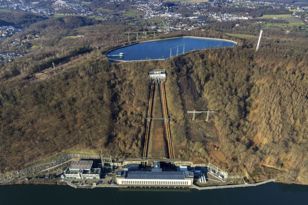 Aerial view, river Ruhr, pumped storage power station, Köpchenwerk, storage basin, Herdecke, Ruhr area, North Rhine-Westphalia, Germany, DE, Europe, Hengsteysee, aerial view, aerial photography, aerial photography, pumped storage power station Köpchenwerk, lake, overview, bird's eye view, forest area, birds-eyes view, overview