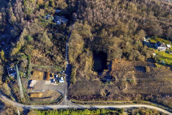 Aerial view, construction site Im Kleff, high-voltage road at the reservoir, end, Herdecke, Ruhr area, North Rhine-Westphalia, Germany, construction work, construction area, construction site, building plots, construction measure, construction project, construction site, DE, development, Europe, Im Kleff, capacity requirement, aerial photograph, aerial photography, aerial photography, overview, bird's-eye view, bird's-eye view, overview