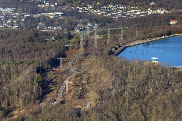 Aerial view, river Ruhr, reservoir, construction site Im Kleff, high voltage road at the reservoir, Herdecke, Ruhr area, North Rhine-Westphalia, Germany, DE, Europe, Hengsteysee, Köpchenwerk, aerial view, aerial photography, aerial photography, pumped storage power station Köpchenwerk, lake, overview, bird's eye view, forest area, birds-eyes view, overview